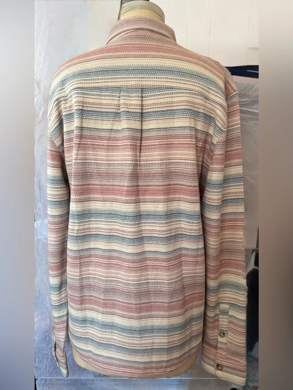MARINE LAYER Mens Pacifica Stretch Twill Shirt Warm Baja Stripe Medium NWT